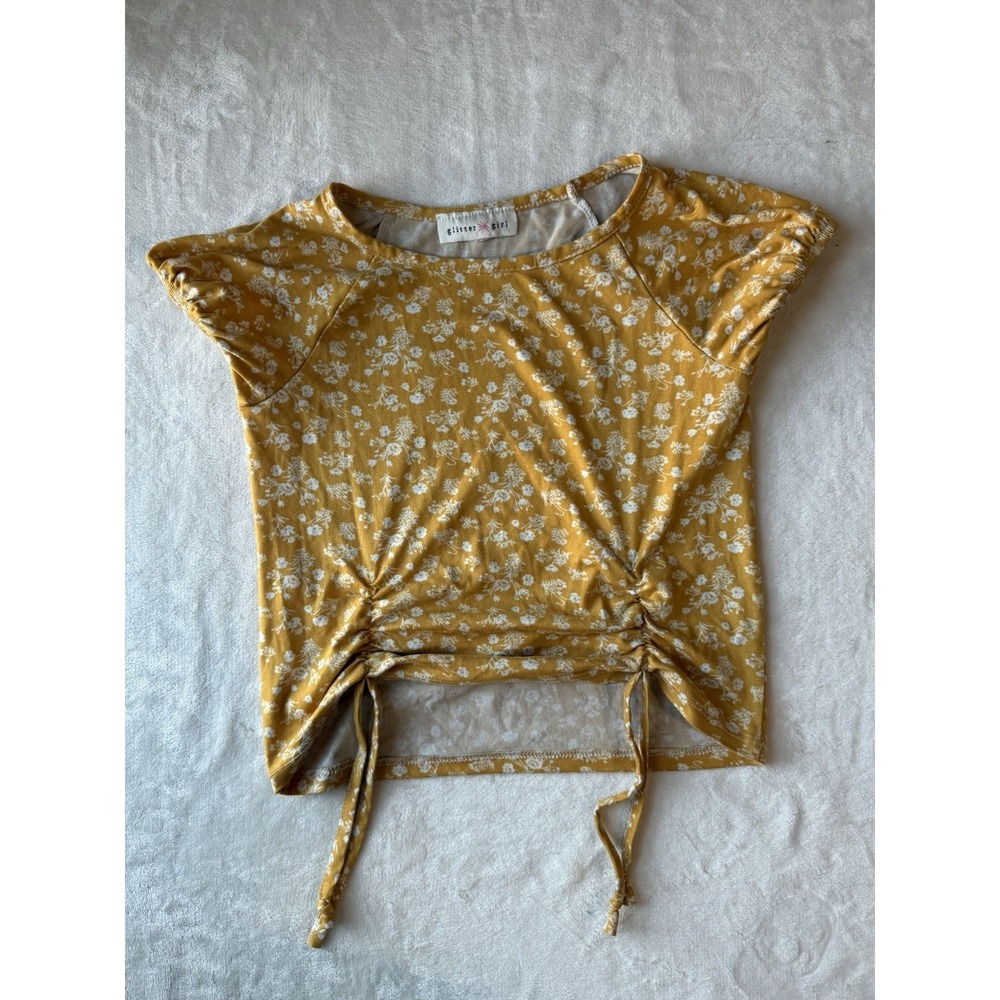Girls' Size 12/14 Top Blouse‎ Golden Yellow Floral Stretch Knit GLITTER GIRL